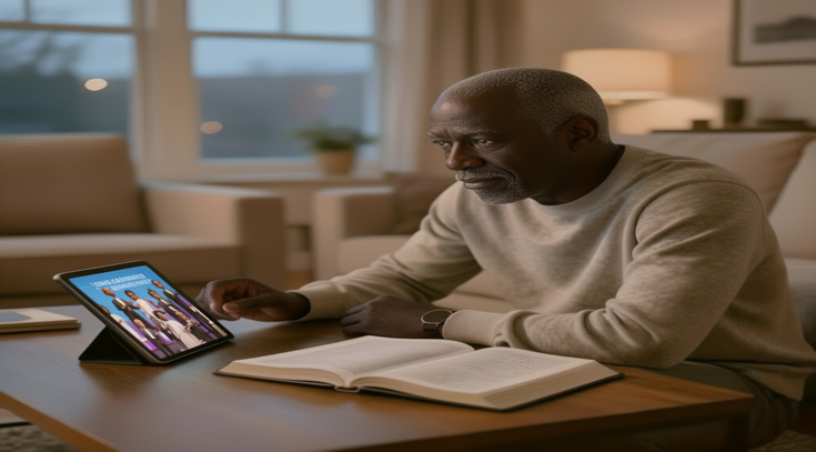 Older man watching church animation on tablet_02